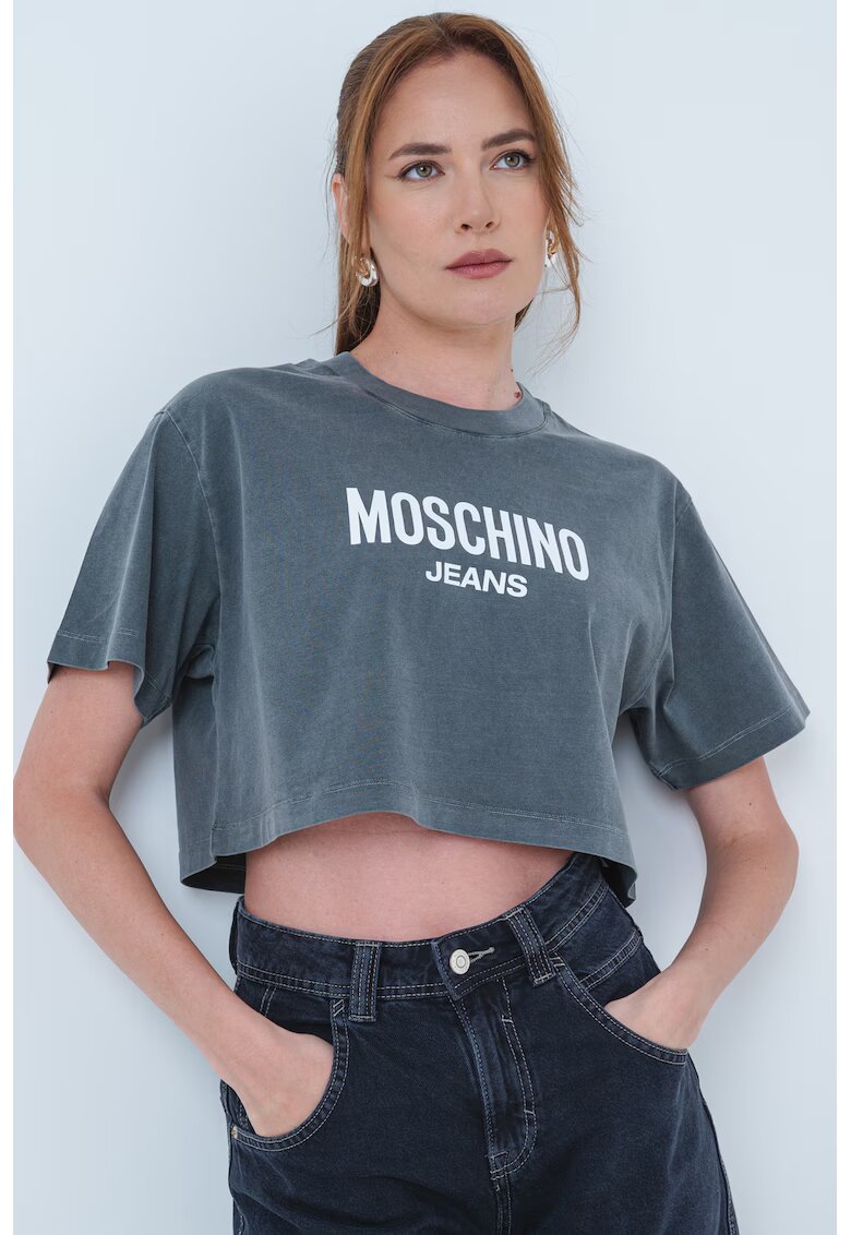 Moschino Jeans Къса тениска с лого - Бял/Tъмносив