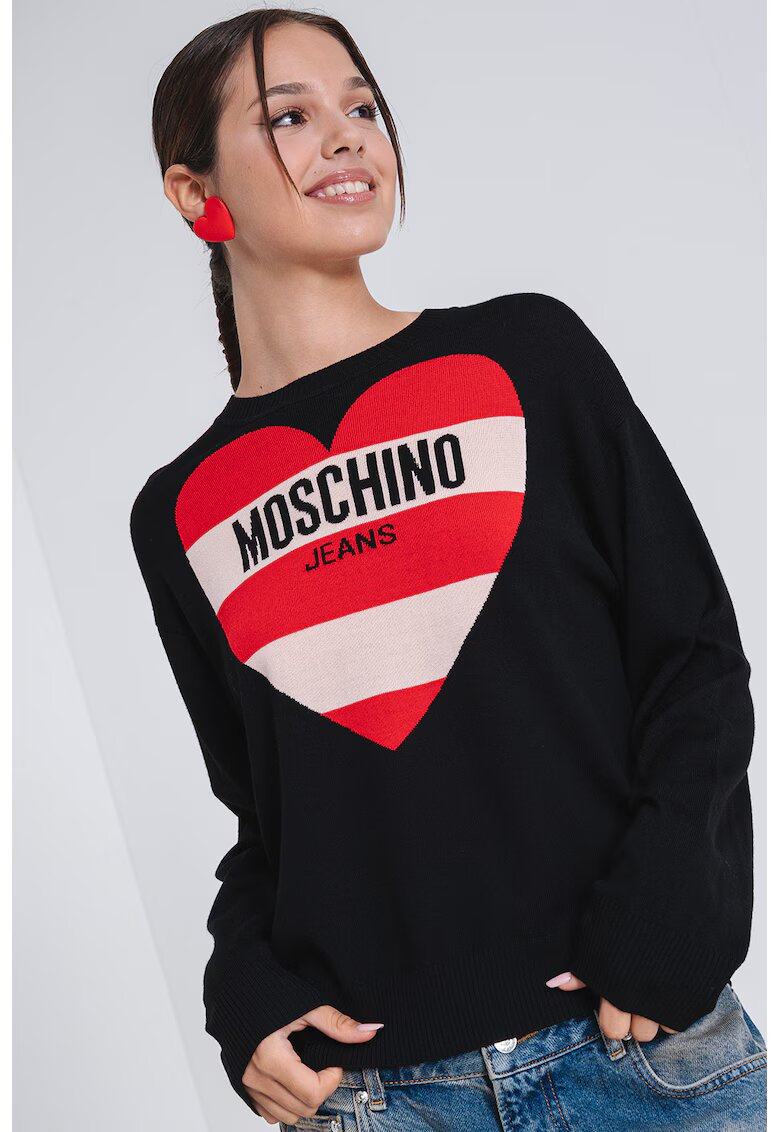 Moschino Jeans Кашмирен пуловер с лого - Червен/Черен