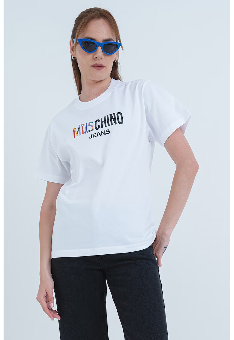 Moschino Jeans Памучна тениска с лого - Черен/Бял