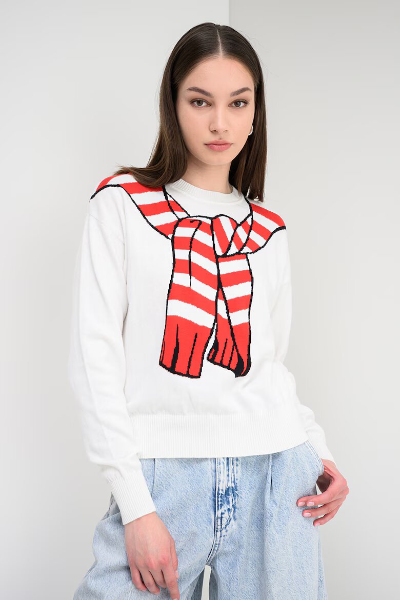 Moschino Jeans Пуловер от памук и кашмир с принт Червен/Черен/Мръснобял