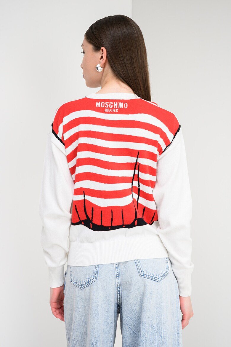 Moschino Jeans Пуловер от памук и кашмир с принт Червен/Черен/Мръснобял