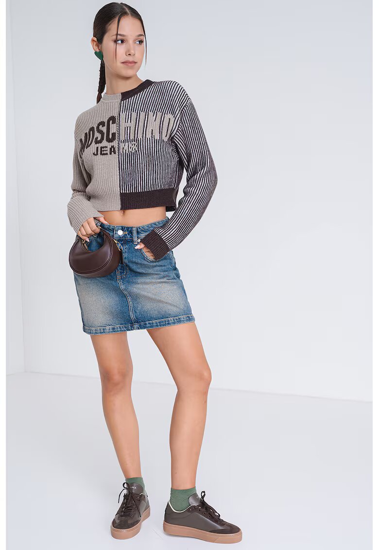 Moschino Jeans Пуловер с вълна с лого - Тъмнокафяв/Бежов