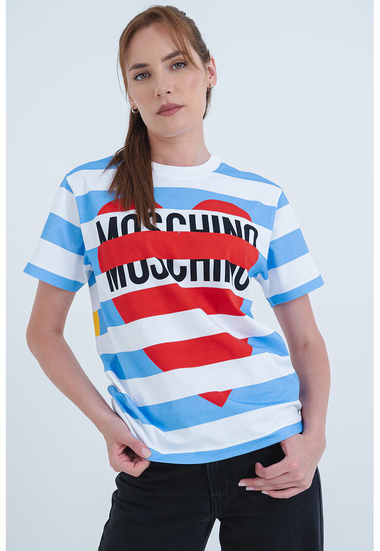 Moschino Jeans Раирана тениска с лого - Червен/Бял/Светлосин