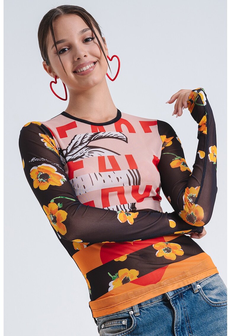 Moschino Jeans Слим блуза с лого - Черен/Оранжев/Бежов