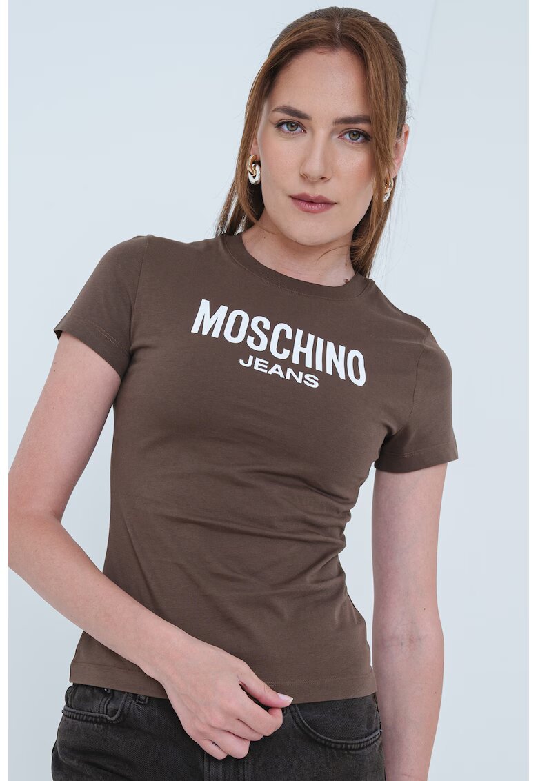 Moschino Jeans Слим тениска с лого - Черен/Бял