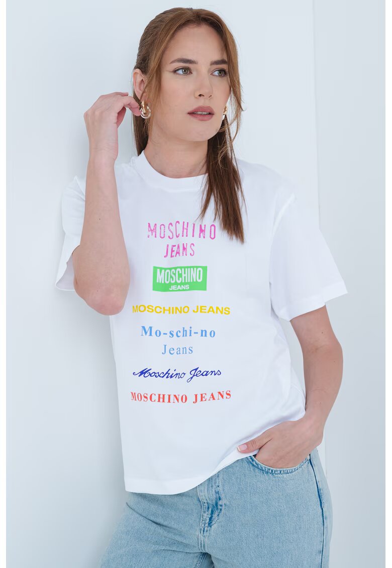 Moschino Jeans Тениска с овално деколте и лого - Фанданго розово/Електриково Зелено/Бял