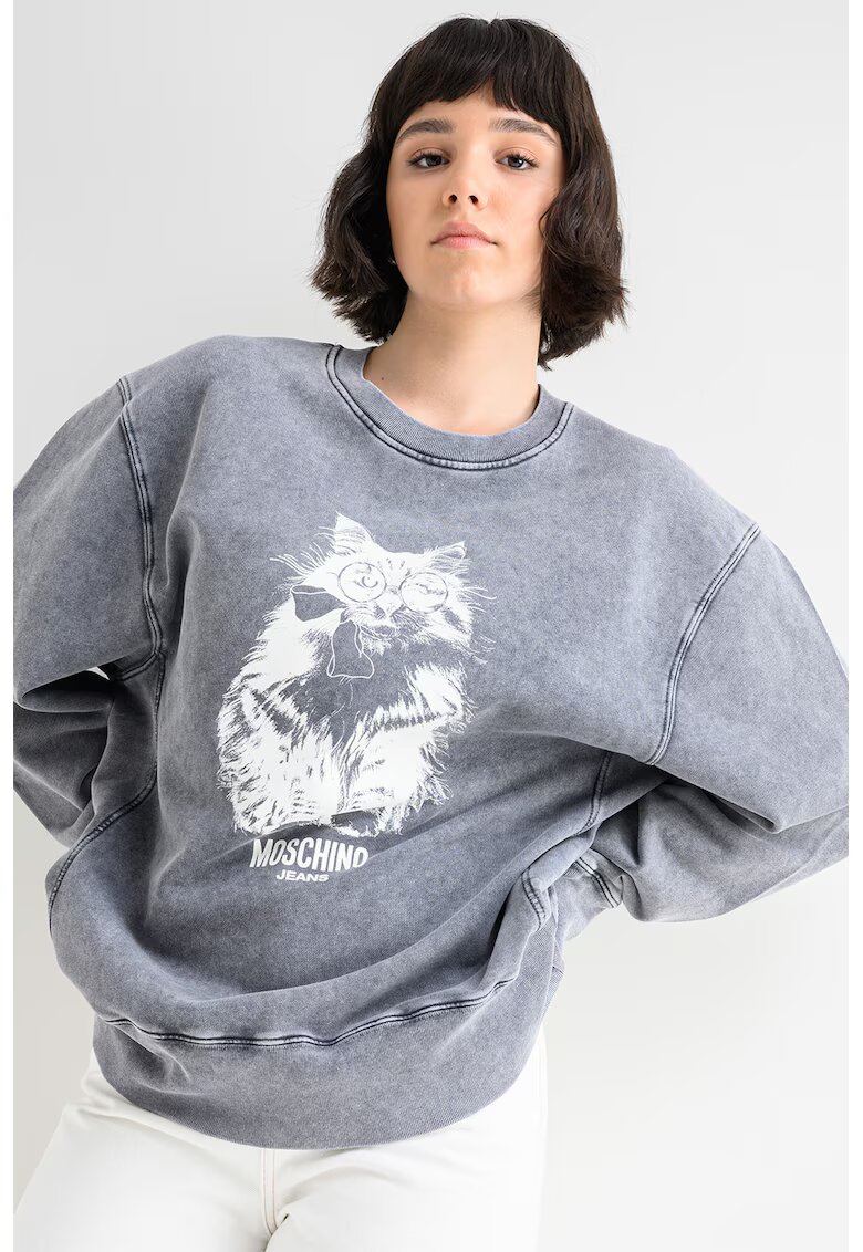 Moschino Jeans Уголемен суитчърт с графика - Бял/Сив меланж