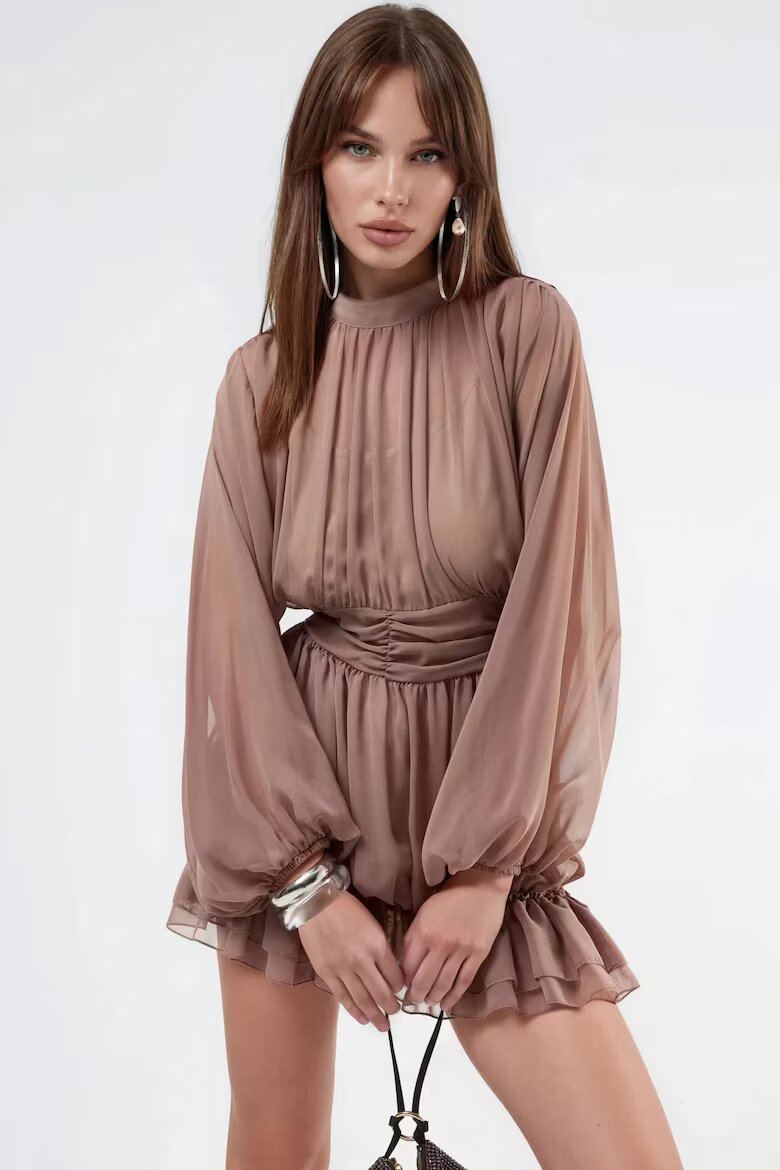 MSN Collection Мини рокля полиестер с дълъг ръкав кафява