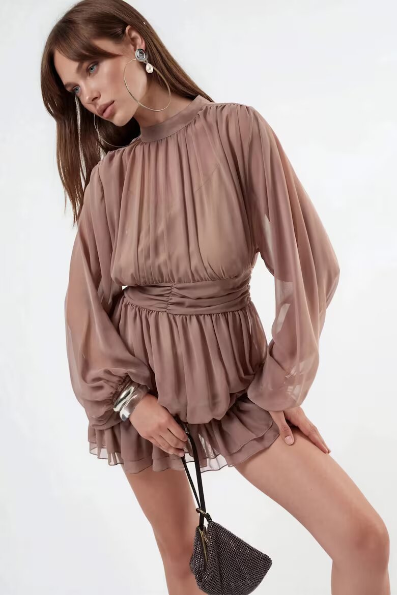 MSN Collection Мини рокля полиестер с дълъг ръкав кафява
