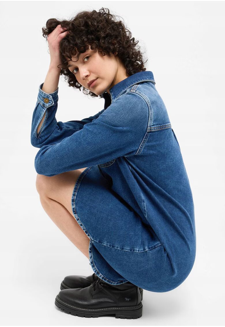 Mustang Дамска рокля - Aloha Henley Dress - Regular Fit - с яка - дълги ръкави - акцент деним - копчета - памук - ЕС - синя