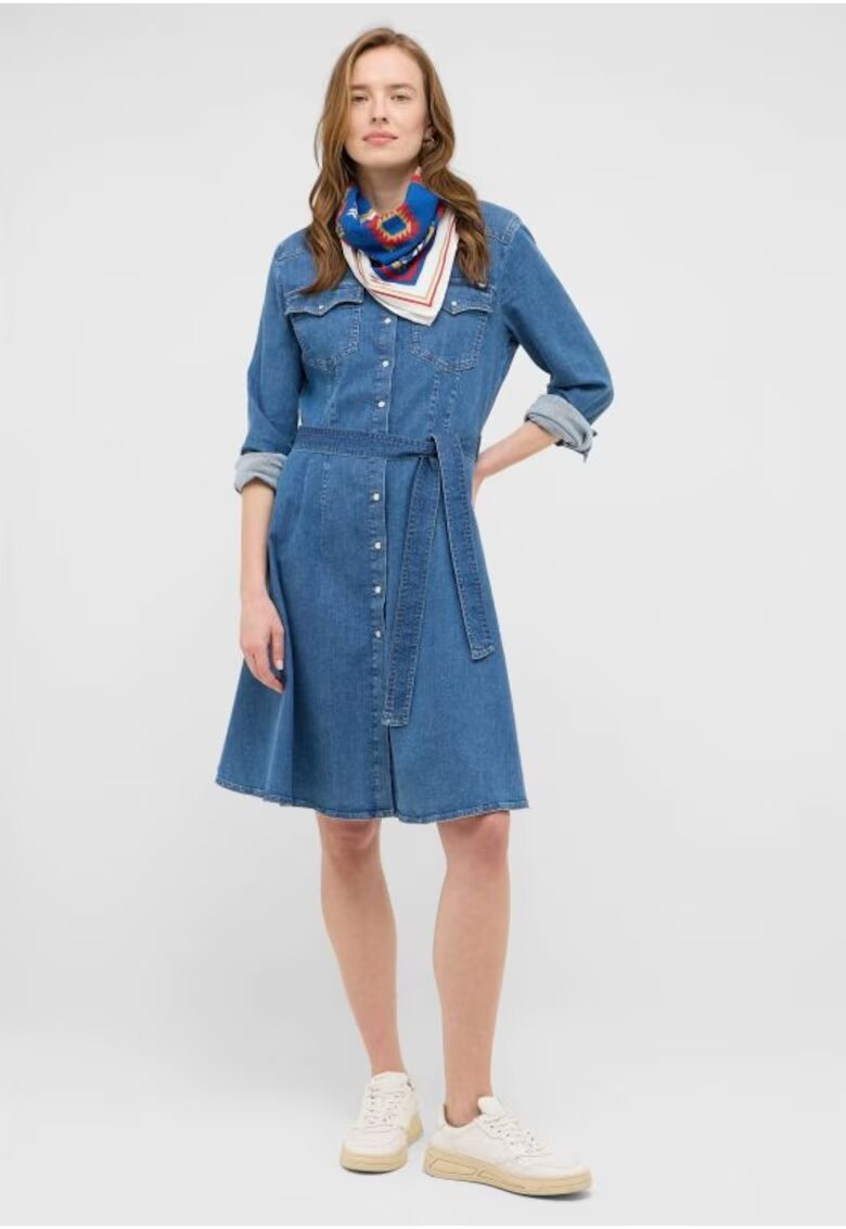 Mustang Дамска рокля - Style Elisa Denim Dress - Regular Fit - с яка - дълги ръкави - акцент деним - копчета - памук - синя