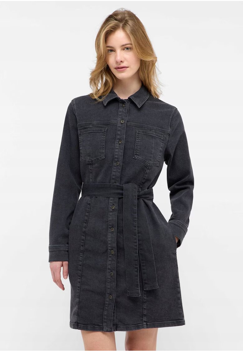 Mustang Дамска рокля - Style Elmira Dress - Стандартна кройка - С яка - Дълги ръкави - Деним акцент - Копчета - Памук - ЕС - Черна