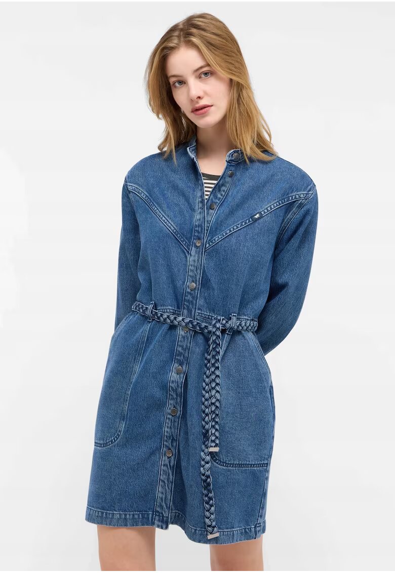 Mustang Дамска рокля - Style Paola Dress - Regular Fit - С яка - Дълъг ръкав - Деним акцент - Копчета - Памук - ЕС - Синя