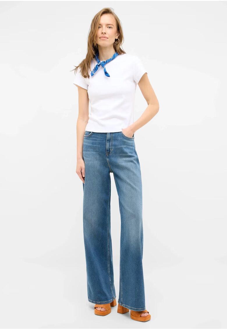 Mustang Дамски дънки - Style Luise Wide - Straight Fit - висока талия - дълги - с цип - 5 джоба - памук -