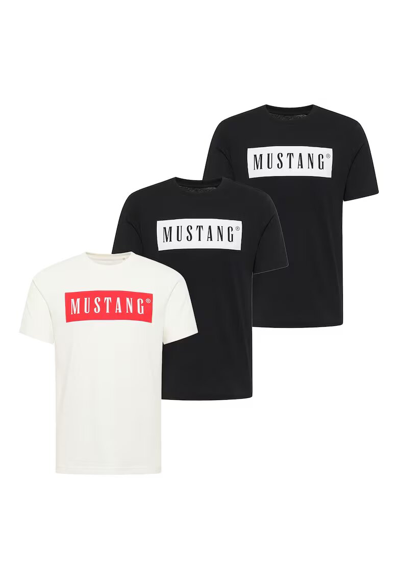 Mustang Тениска от органичен памук с лого - 3 броя - Бял/Черен