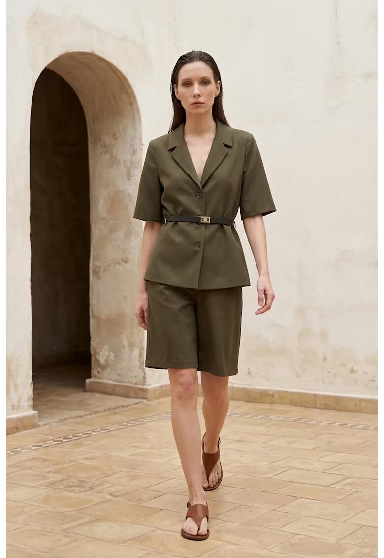 MyFashion Дамски комплект късо яке с колан широки панталони каки зелено полиестер вискоза