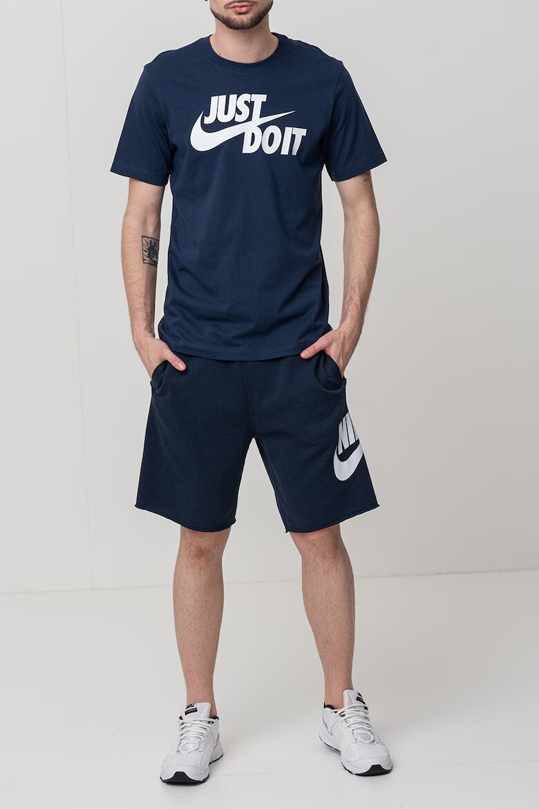 Nike Памучна тениска Swoosh с лого Бял/Тъмносин