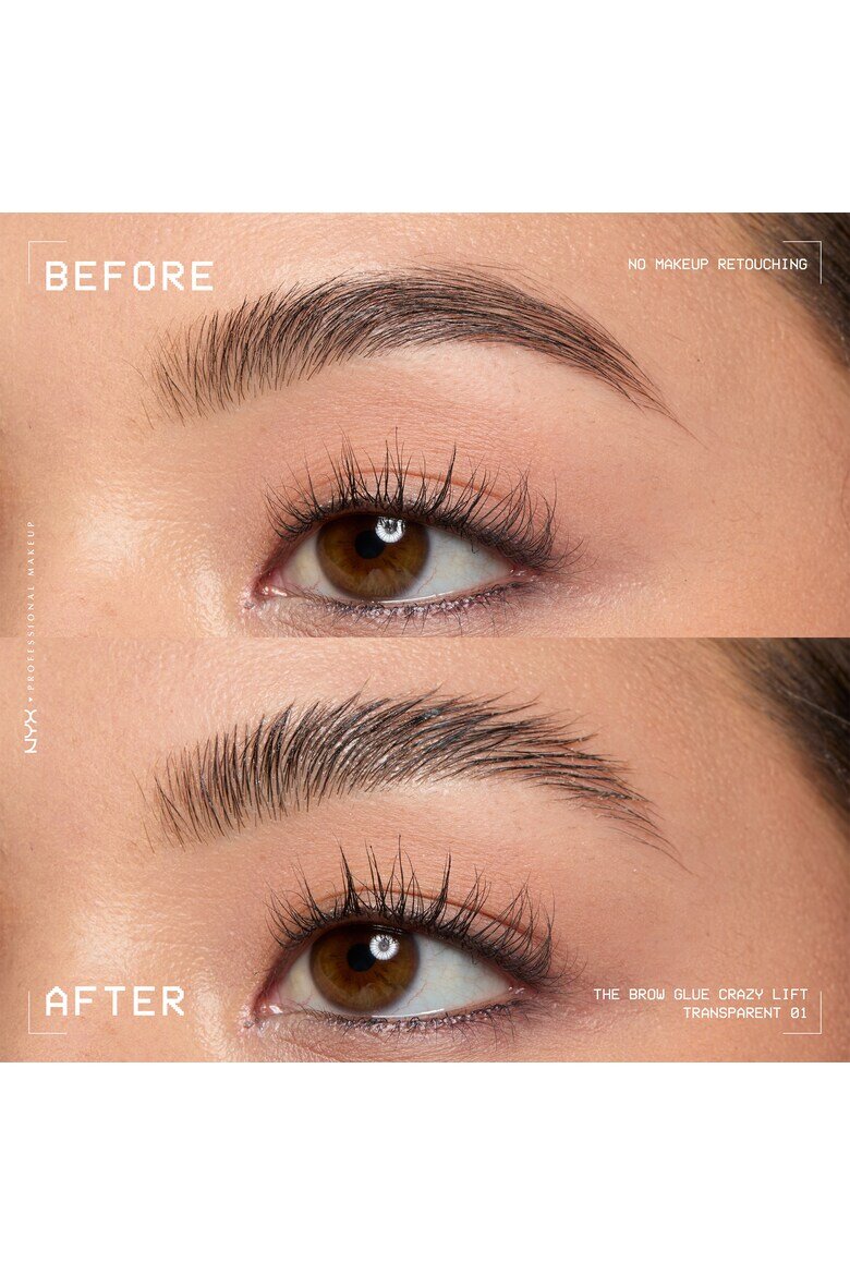 NYX Professional Makeup Гел за фиксиране на вежди The Brow Glue Crazy Lift Transparent Ламиниращ ефект Силна фиксация 24H Включена четка за оформяне 7 мл