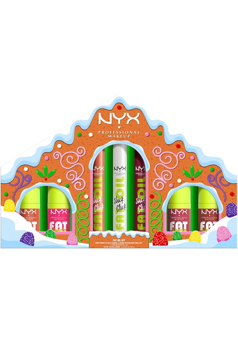 NYX Professional Makeup Комплект ограничено издание за устни Holiday Fat Gingerbread House Kit - Нелепкав гланц за устни - 12H издръжливост - Ограничено издание за празници - 7 ...