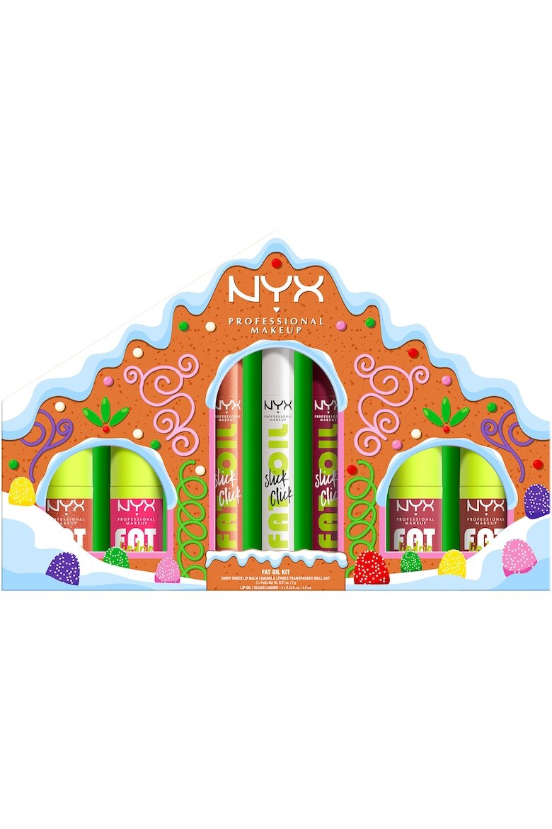 NYX Professional Makeup Комплект ограничено издание за устни Holiday Fat Gingerbread House Kit Нелепкав гланц за устни 12H издръжливост Ограничено издание за празници 7 броя