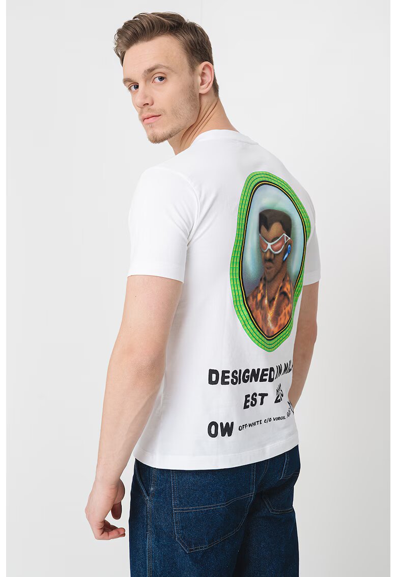Off-White Памучна тениска с овално деколте и принт - Бял/Зелен/Кафяв