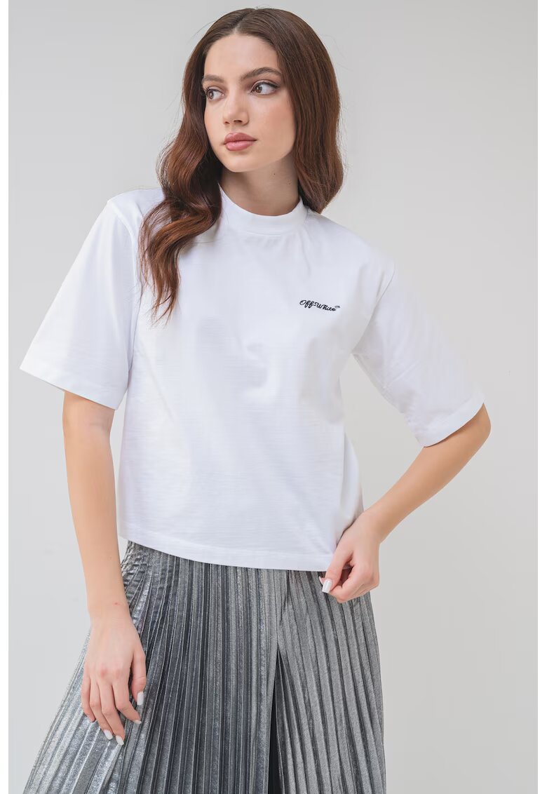Off-White Тениска с овално деколте и бродиран надпис - Избеляло черно/Бял