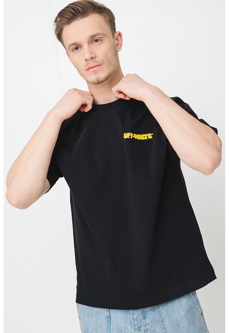 Off-White Тениска с овално деколте и надпис - Бял/Черен/Жълт