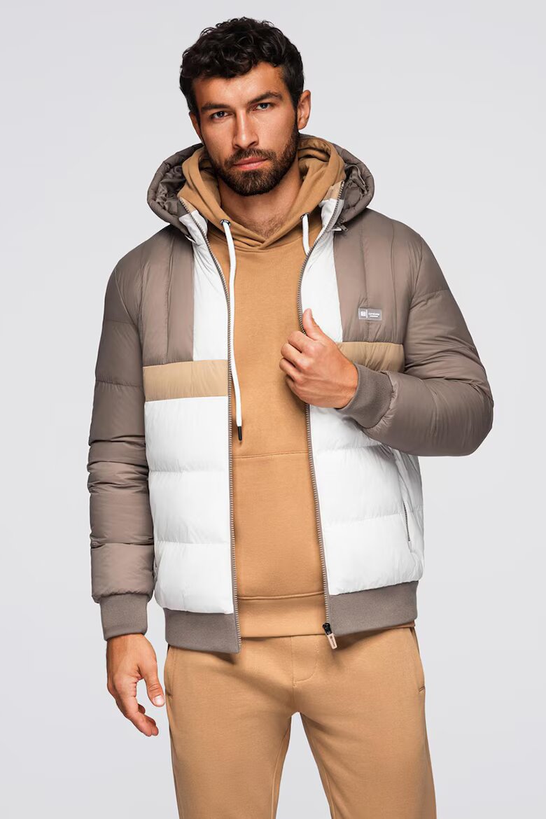 OMBRE Зимно яке с качулка и цветен блок Бял/Сиво-кафяв/Бежов