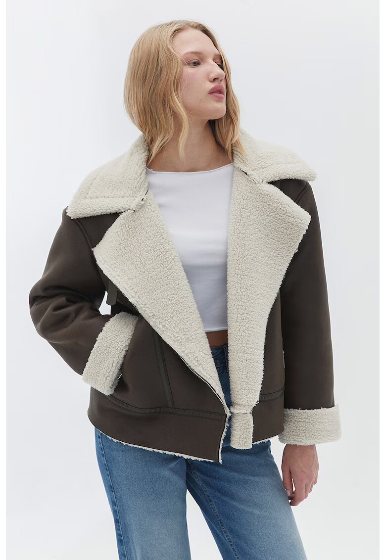 OXXO Велурено яке със синтетика с цип - Тъмнокафяв/Мръснобял