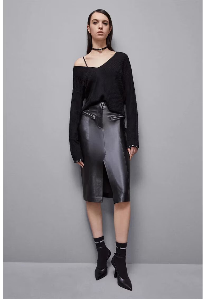 Patrizia Pepe Eco Leather Midi Skirt With Front Slit - Черен