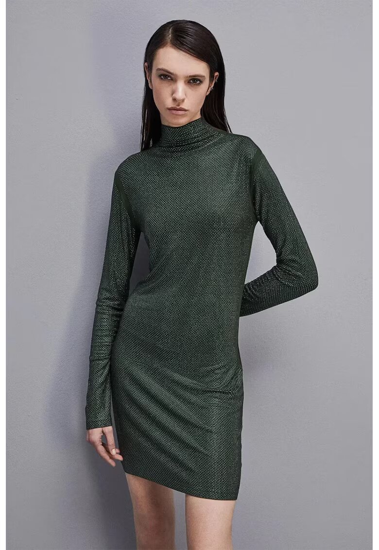 Patrizia Pepe Jersey Long Sleeved Mini Dress With Rhinestones applications - Тъмнозелен