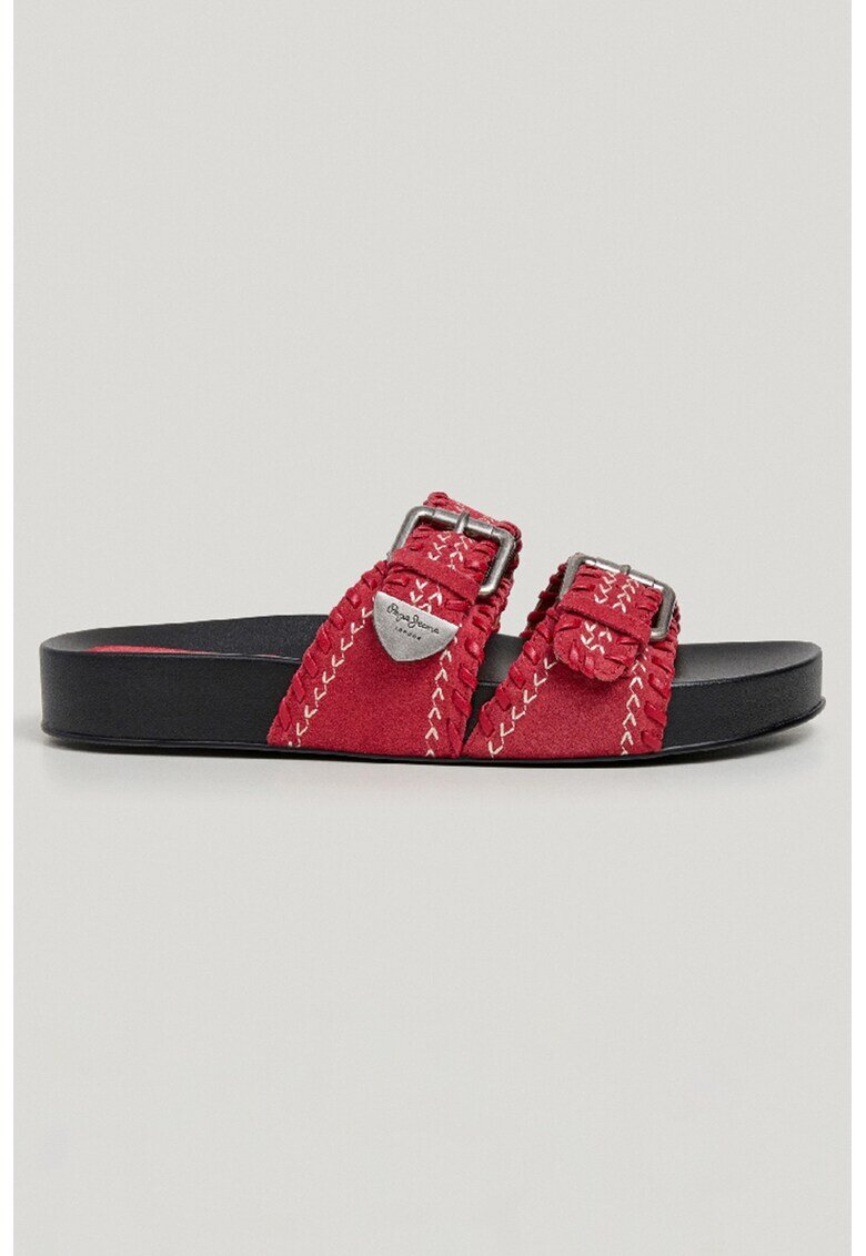 Pepe Jeans London Чехли от велур с контрастни шевове - Бял/Аленочервен