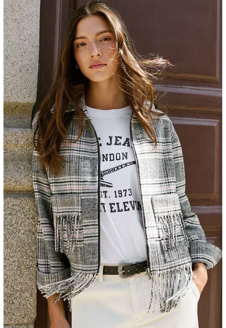 Pepe Jeans London Карирано яке с ресни - Бял/Черен/Пастелнорозов
