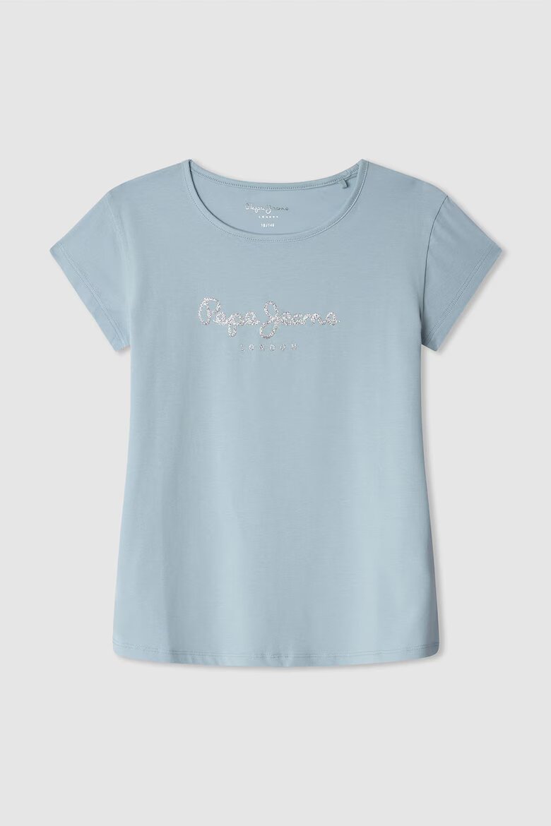 Pepe Jeans London Тениска с овално декоте и бляскаво лого Прашно синьо/Сребрист