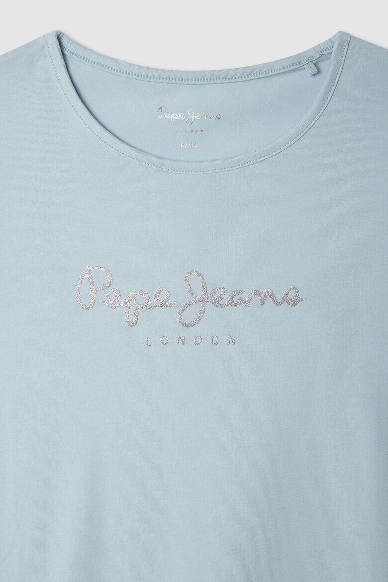 Pepe Jeans London Тениска с овално декоте и бляскаво лого Прашно синьо/Сребрист