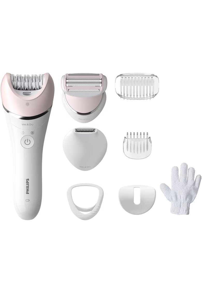 Philips Епилатор Seria 8000 BRE721/00 - Суха/мокра кожа - 8 аксесоара - 32 пинсети - Използване без кабел - 2 настройки на скоростта - Оpti-light - Керамични дискове ...