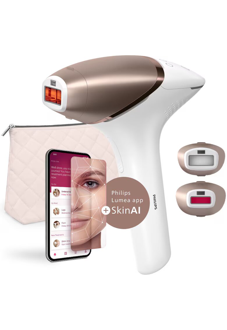 Philips IPL епилатор Lumea Series 9900 BRI950/01 - Сензор SmartSkin - Връзка с приложението с функцията Skin AI - Използване с или без кабели - 450 000 импулса - Аксесоари: ...