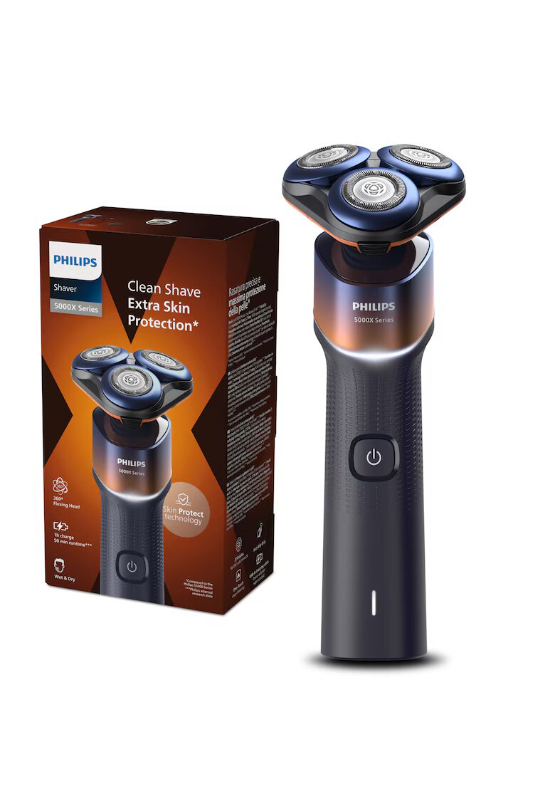 Philips Самобръсначка Series 5000 X5012/00 - Мокро/Сухо бръснене - Технология SkinProtect - Гъвкави глави 360 - 50 минути - Остриета ComfortCut - Хром/Оранжев