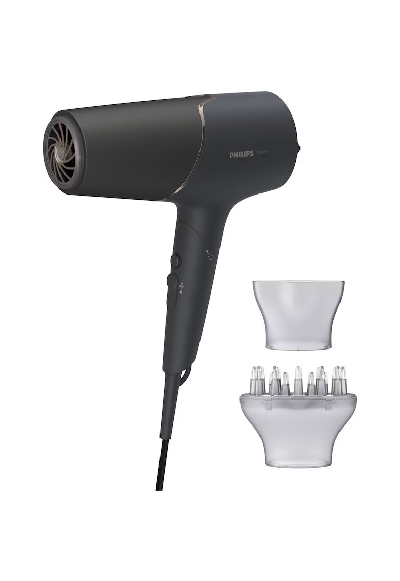 Philips Сешоар 2300W - технология ThermoShield - йонна грижа - дифузер - стилизираща глава - Черен/Розово