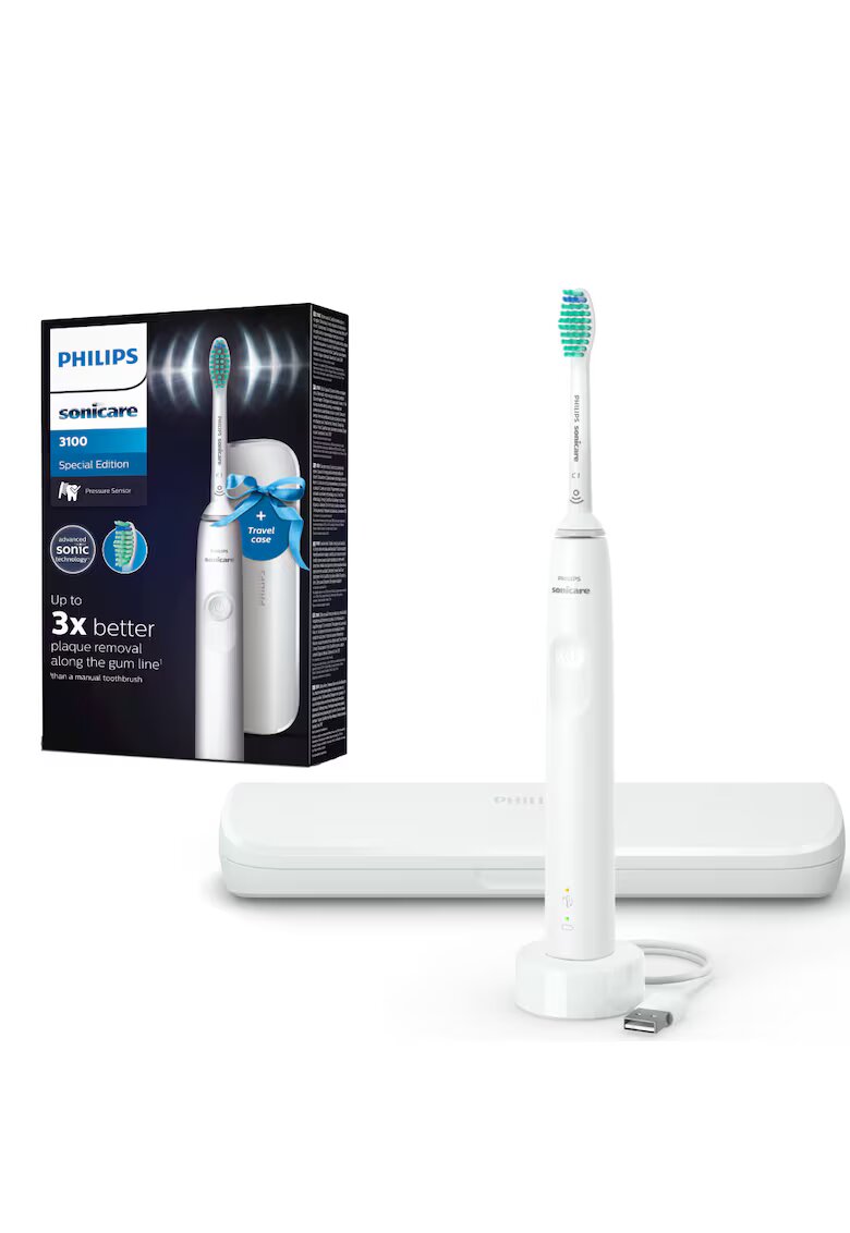 Philips Sonicare Електрическа звукова четка за зъби Series 3100 - 62000 движения/минута - 1 режим на почистване - сензор за налягане - функция BrushSync - 1 глава за ...