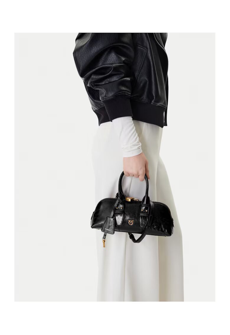 Pinko Дамска чанта Black Z99Q Bowling Bag - естествена кожа - черна