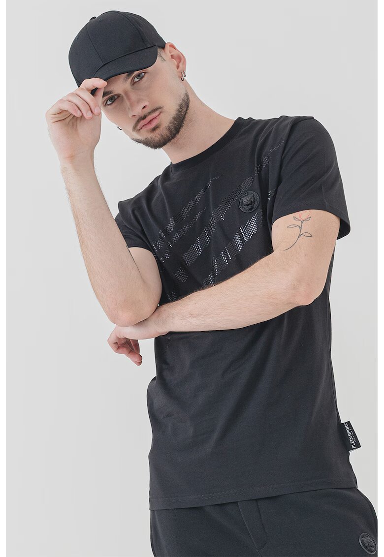 Plein Sport Памучна тениска с декоративни камъни - Черен
