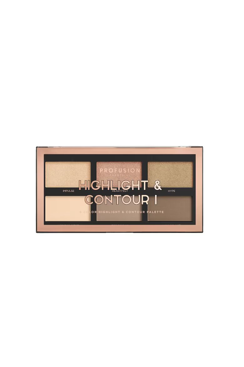 Profusion Cosmetics Палитра за контуриране и осветяване Highlight & Contour I 6 нюанса 16 g