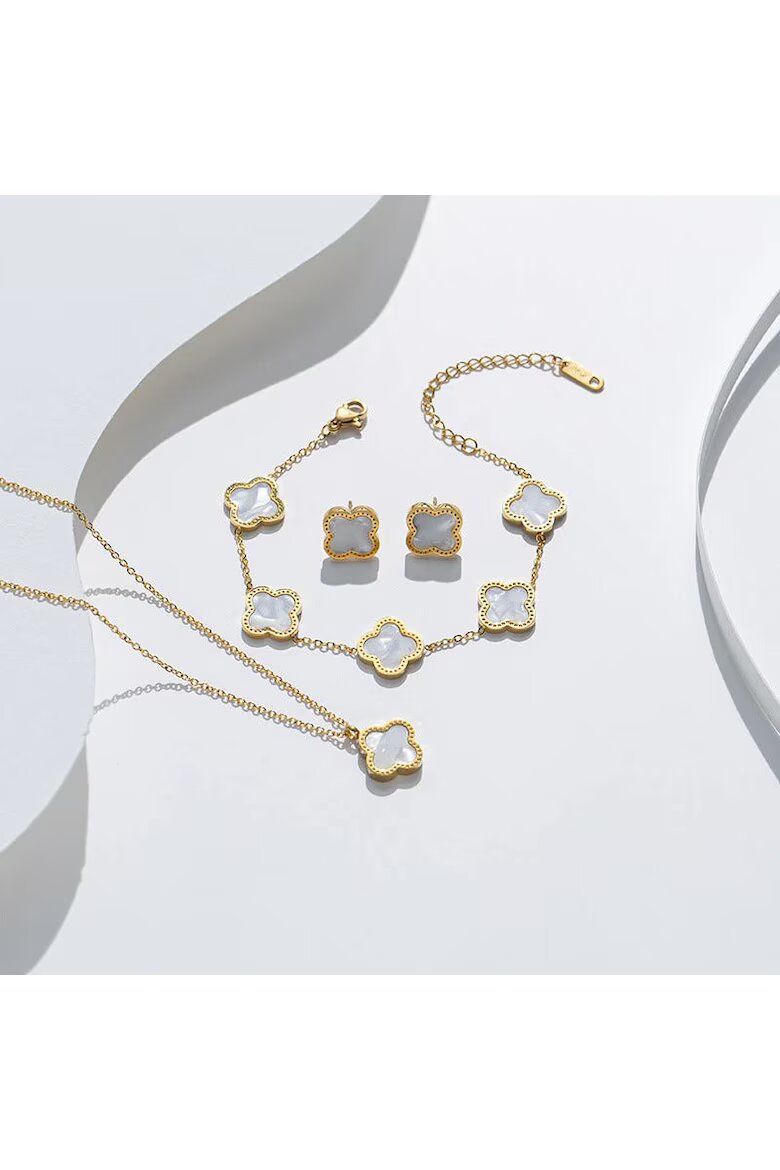 Pursehuit Комплект колие обеци и гривна златист от неръждаема стомана с 18k златно покритие с бяла детелина Illona C4
