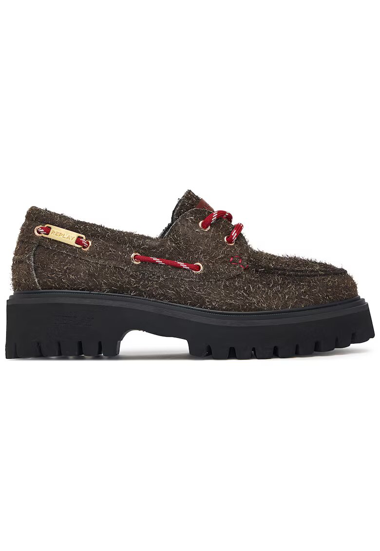 Replay дамски обувки loafer от естествена кожа с дебела трак подметка и декоративни връзки - кафяви