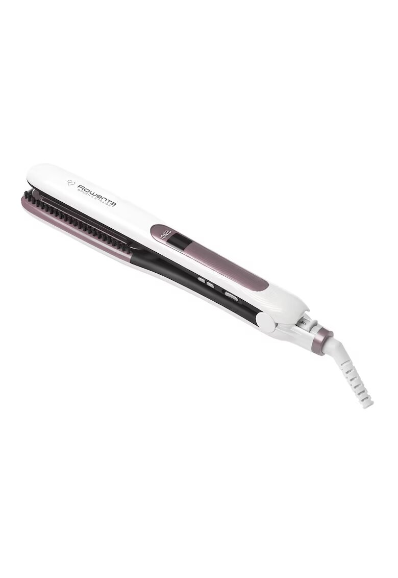 Rowenta Преса за коса Brush&Straight Premium Care - LCD - 130 - 200 °C - Сменяеми плочи - Йонизатор - Cashmere Keratin - Бяла/Лилава