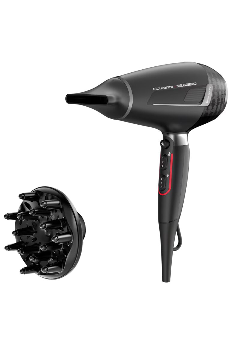 Rowenta Сешоар x Karl Lagerfeld Pro Stylist - 2200W - Tehnologia Air-to-Care - Покритие Keratin & Glow - 3 аксесоара - Струя студен въздух - Кабел 1.8 м - Черен/ Сив
