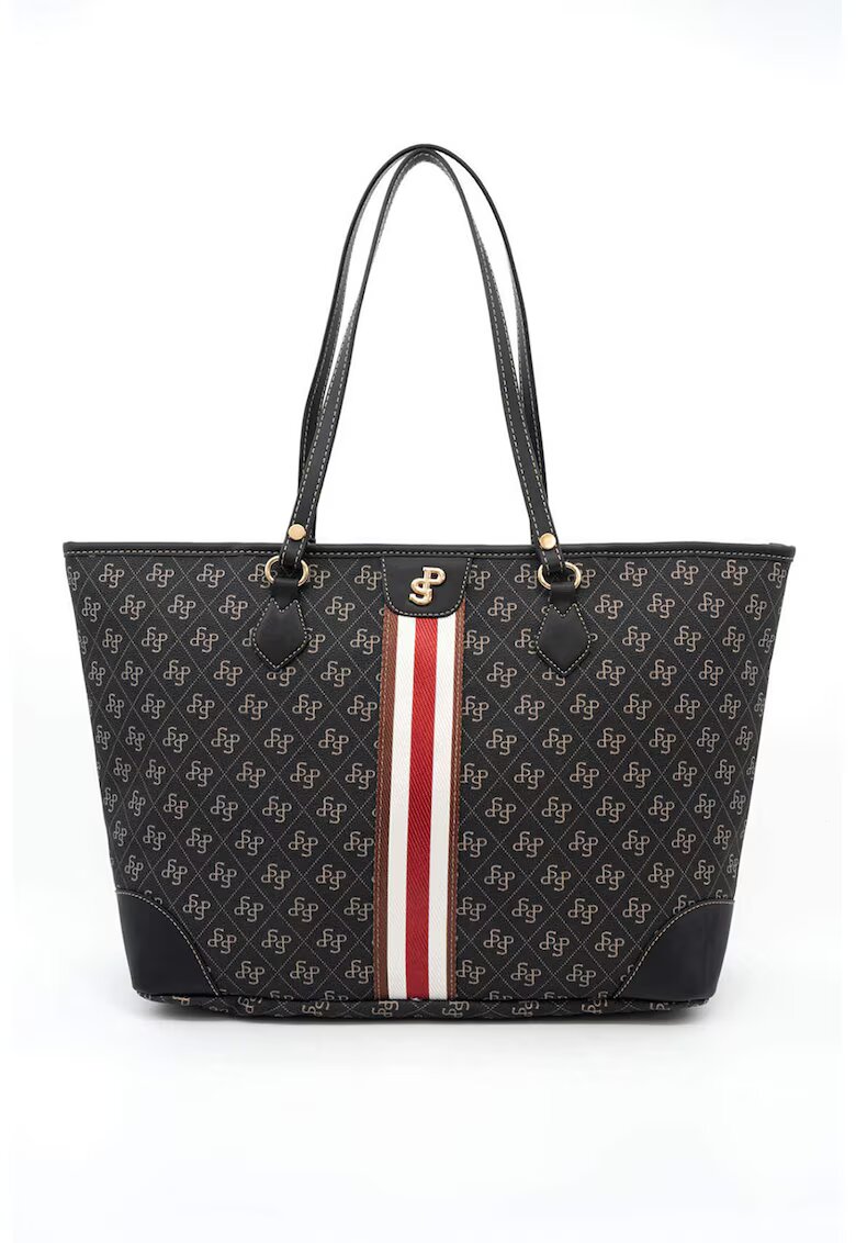 SilverPolo Чанта Tote от еко кожа с шарка - Черен/Светло бежово