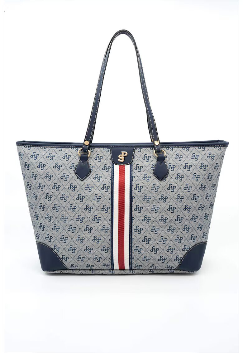 SilverPolo Чанта Tote от еко кожа с шарка - Светло сив/Тъмносин