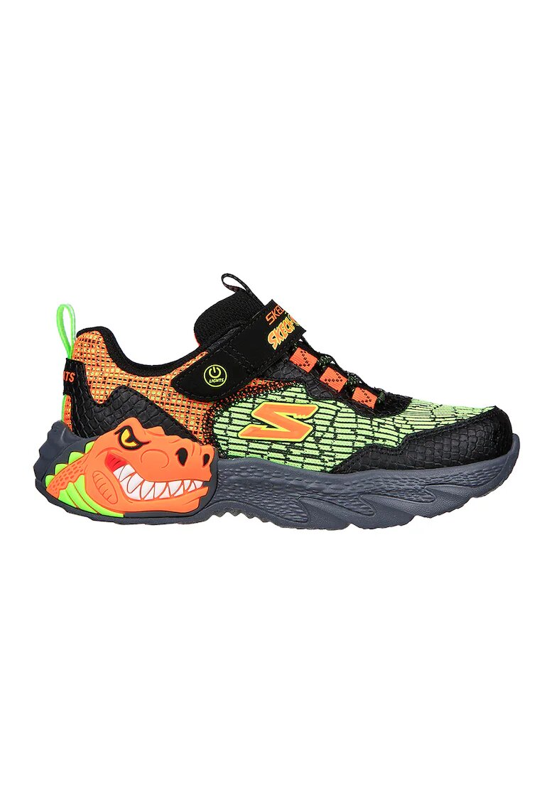 Skechers Спортни обувки с LED светлини и шарка с динозавър - Черен/Оранжев/Лайм зелено